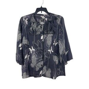 Citron Santa Monica 1X Black White Butterfly Floral Top Button Bamboo Blend READ